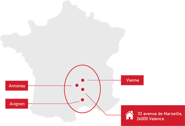 Carte de France avec zone d'intervention en sécurité incendie sur Valence Annonay Avignon Vienne